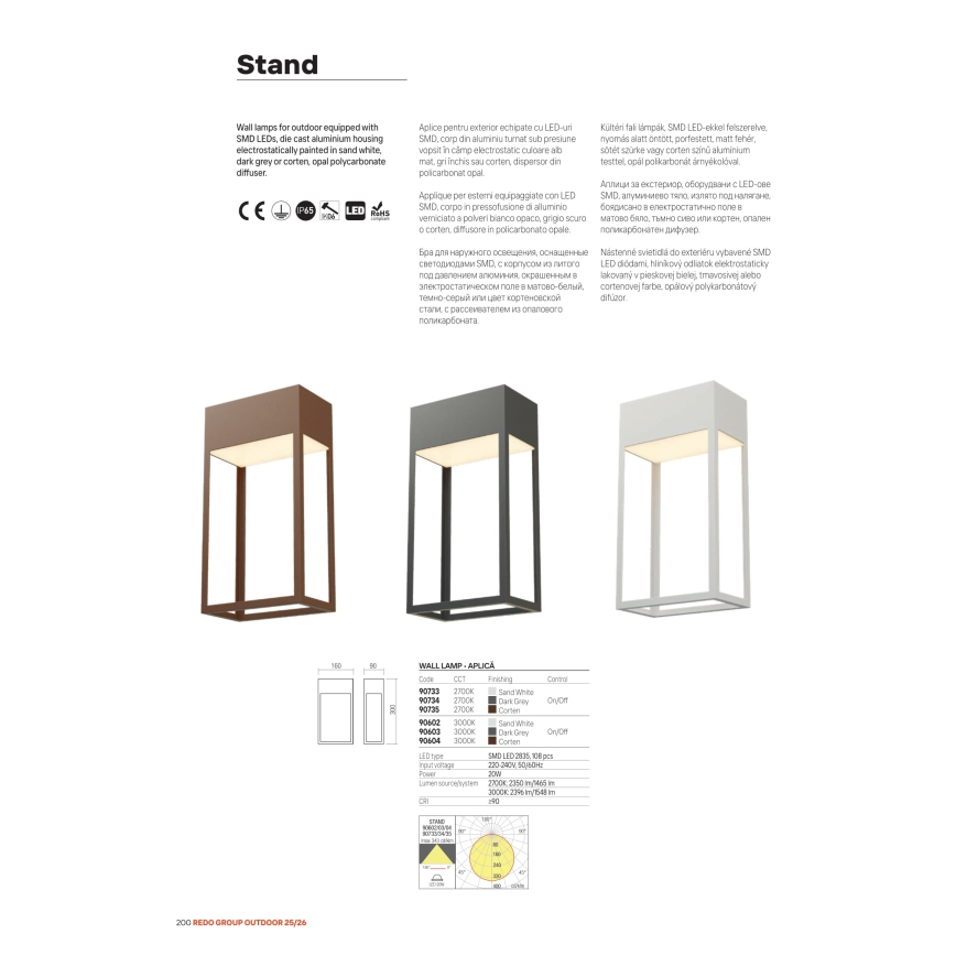 Redo 90604 - STAND LED utomhusväggarmatur 20W/230V, 3000K, CRI 90, IP65, brun