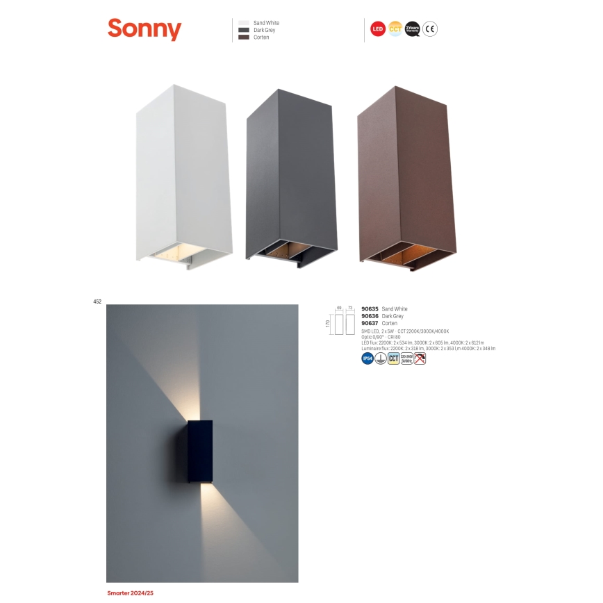 Redo 90635 - LED vägglampa för utomhusbruk SONNY 2xLED/5W/230V 2200/3000/4000K IP54 vit