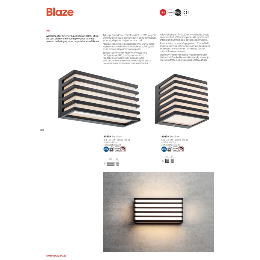 Redo 90638 - LED vägglampa för utomhusbruk BLAZE LED/12W/230V 3000K IP54 antracit