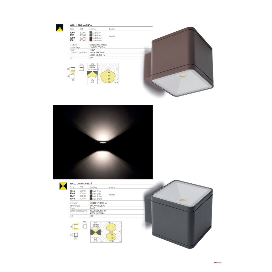 Redo 9080 - BETA LED utomhusvägglampa, 6W, 230V, 3000K, IP54, brun