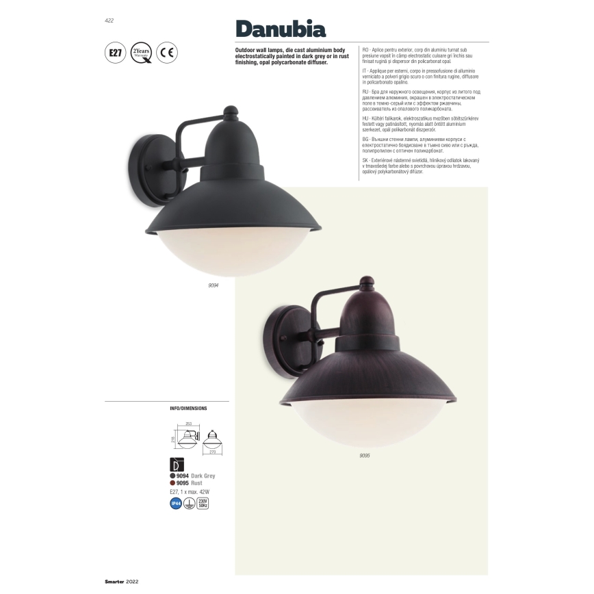 redo 9095 - Utomhus Väggbelysning DANUBIA 1xE27/42W/230V IP44