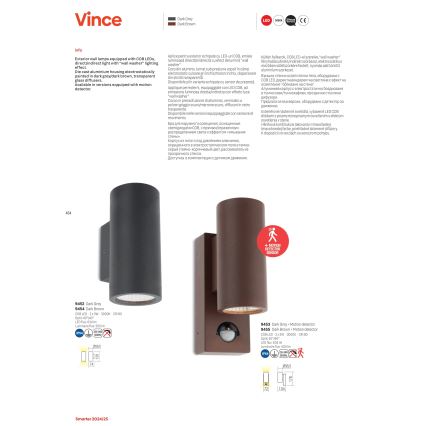 Redo 9455 - LED Utomhus vägglampa med sensor VINCE 2xLED/3W/230V IP54 brun