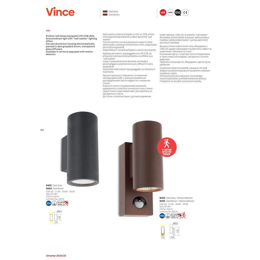 Redo 9455 - LED Utomhus vägglampa med sensor VINCE 2xLED/3W/230V IP54 brun