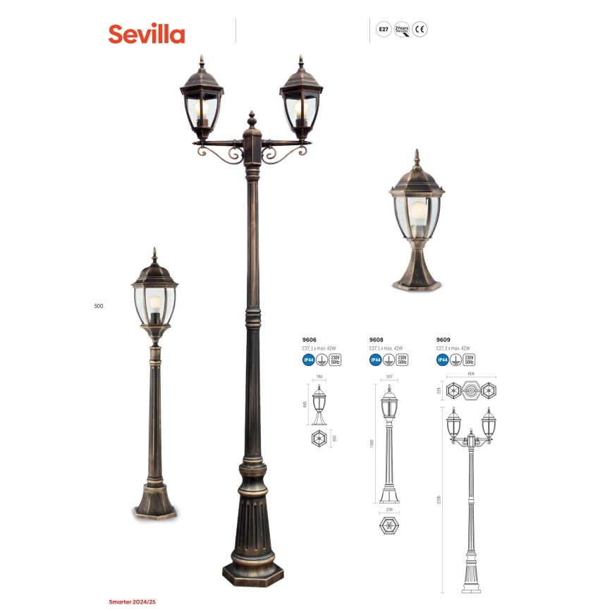 Redo 9609 - Utomhuslampa SEVILLA 2xE27/42W/230V IP44 guld/patina