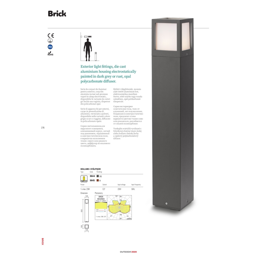 redo 9644 - Utomhuslampa BRICK 1xE27/23W/230V IP54 grå