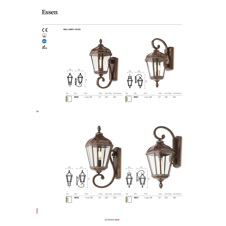 Redo 9656 - Utomhusvägglampa ESSEN 1xE27/70W/230V IP44 brun/patina