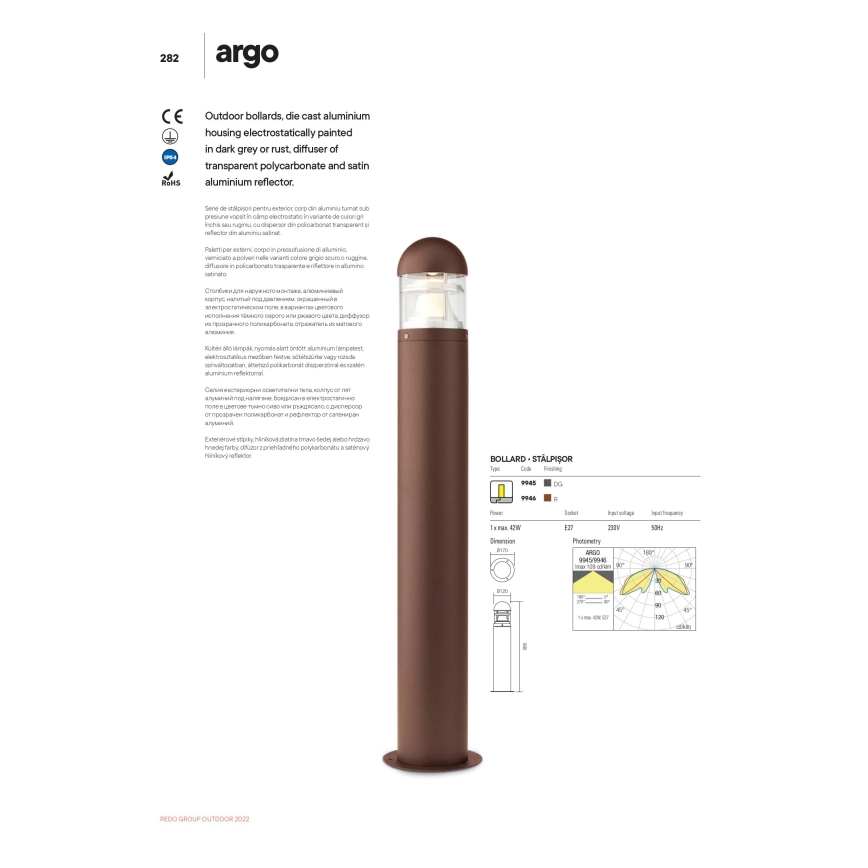 Redo 9945 - Utomhuslampa ARGO 1xE27/42W/230V IP54