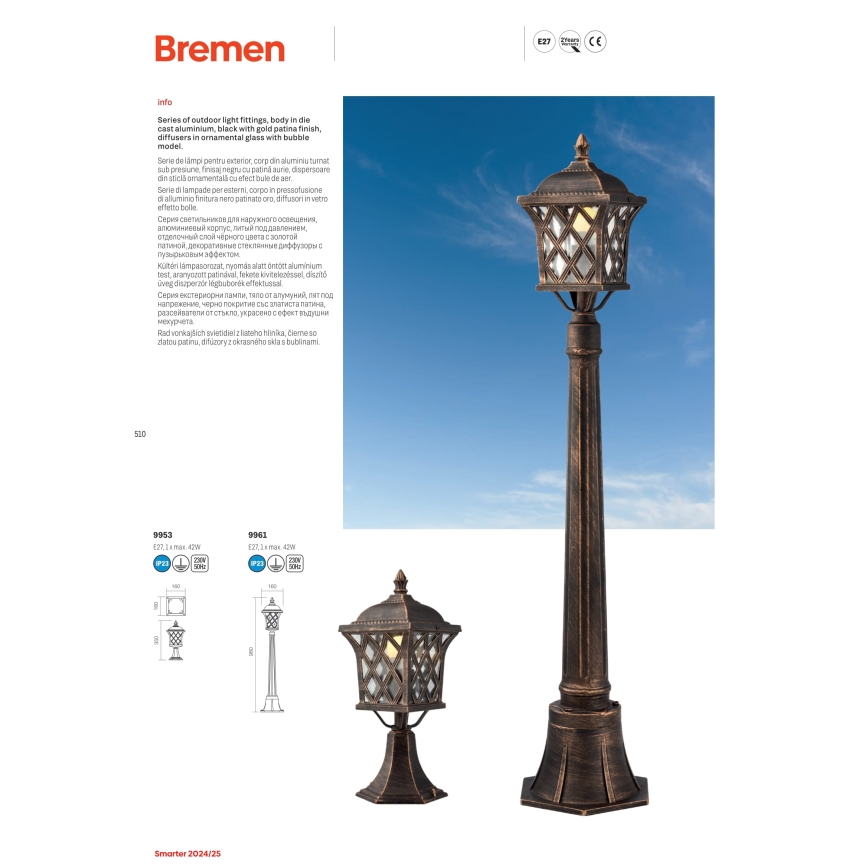 Redo 9953 - Utomhuslampa BREMEN 1xE27/42W/230V IP23 guld/patina