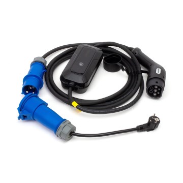Reseladdningsstation för elbilar EV/PHEV AC Typ 2 32A/230V 7,4kW IP55 5m + adapter 230V 3,7kW + låda
