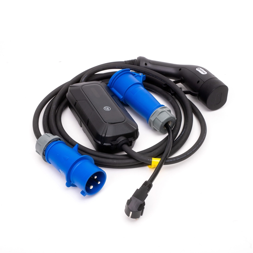 Reseladdningsstation för elbilar EV/PHEV AC Typ 2 32A/230V 7,4kW IP55 5m + adapter 230V 3,7kW + låda