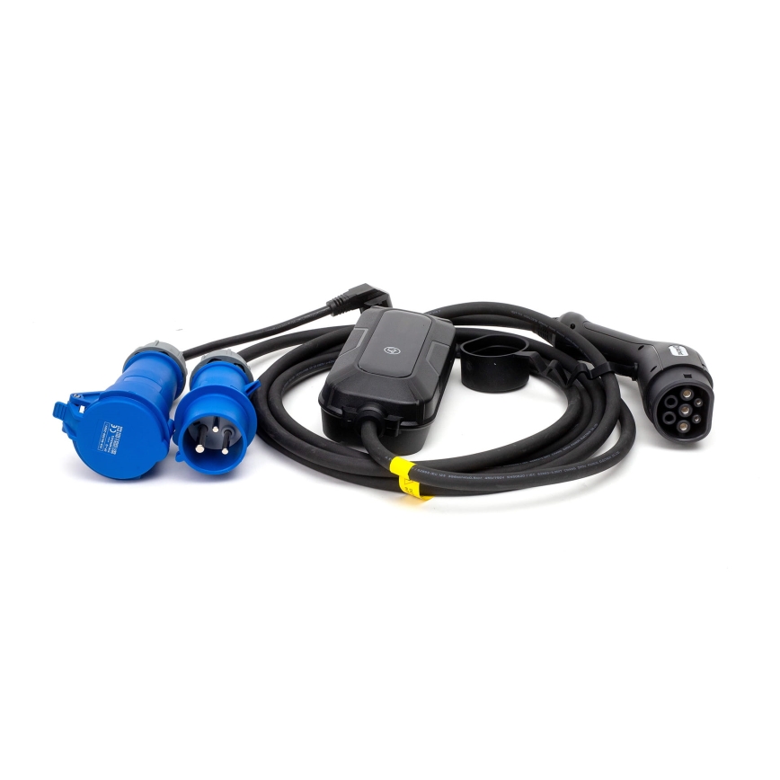 Reseladdningsstation för elbilar EV/PHEV AC Typ 2 32A/230V 7,4kW IP55 5m + adapter 230V 3,7kW + låda
