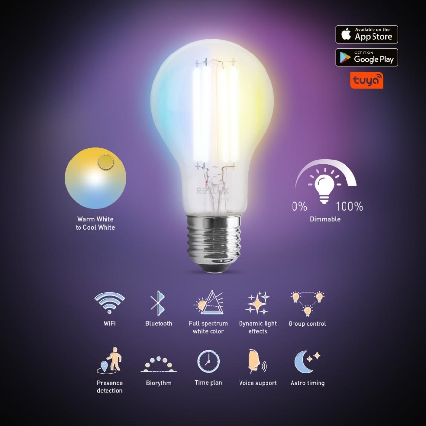 LED Ljusreglerad glödlampa FILAMENT A60 E27/7W/230V 2700-6500K Wi-Fi Tuya