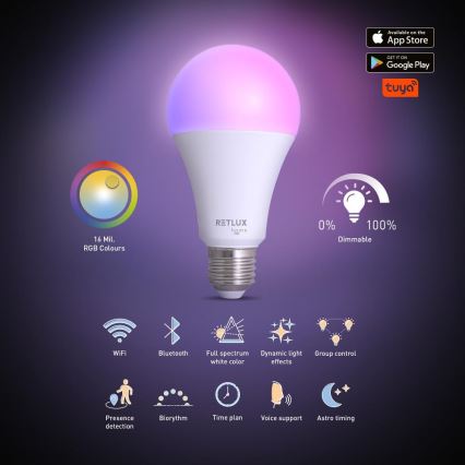 LED RGBW dimbar lampa A70 E27/14W/230V 2700-6500K Wi-Fi Tuya