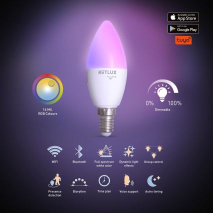 LED RGBW dimbar lampa C37 E14/4,5W/230V 2700-6500K Wi-Fi Tuya