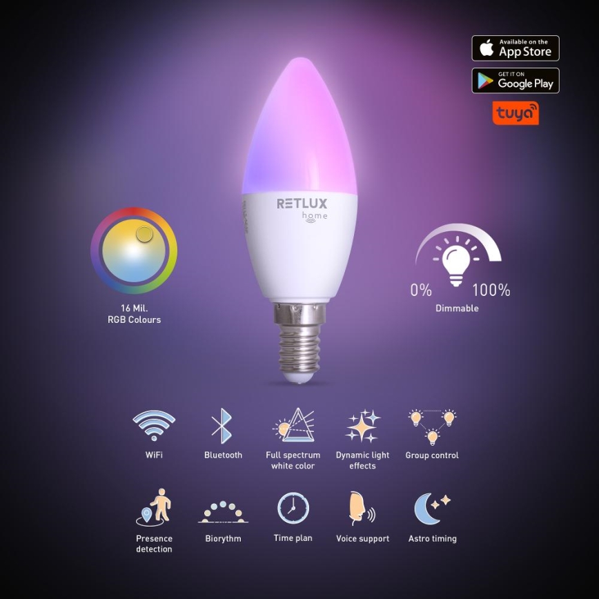 LED RGBW dimbar lampa C37 E14/4,5W/230V 2700-6500K Wi-Fi Tuya