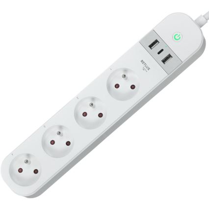 Smart förlängning kabel med strömbrytare 4Z Typ E + 2x USB-A + 1x USB-C 1,5m Wi-Fi Tuya vit