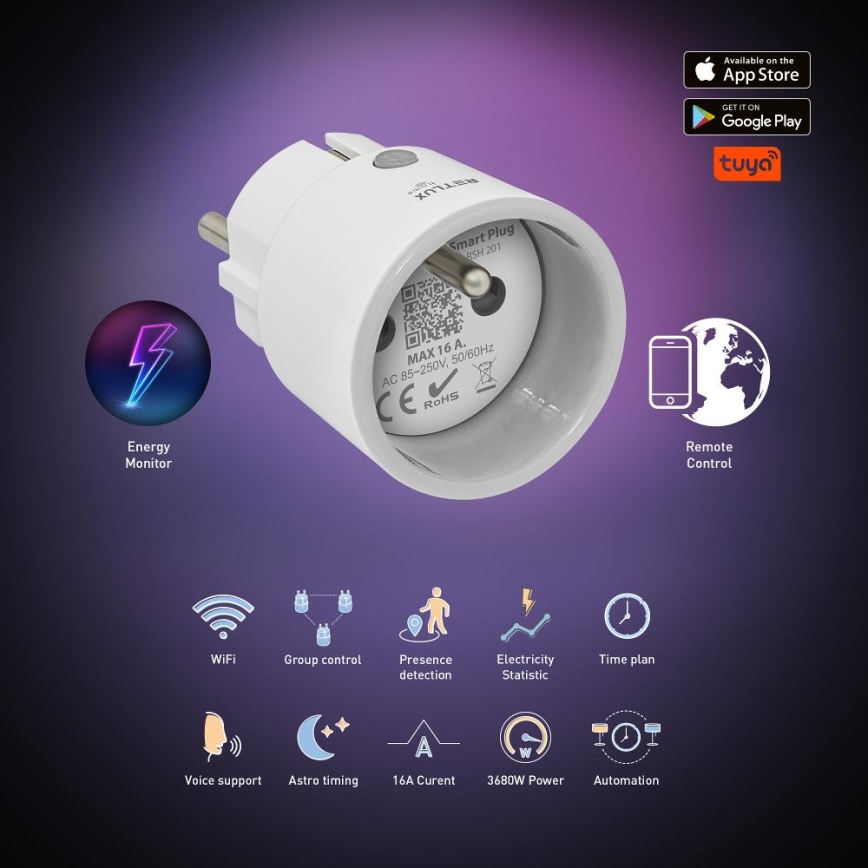 Smart kontakt 3680W/230V/Typ E/16A Wi-Fi Tuya