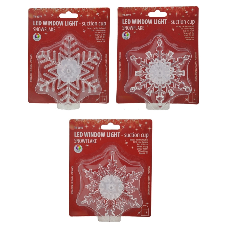 RGB-LED juldekoration i form av snöflinga med sugpropp, drivs av 3x LR44-batterier
