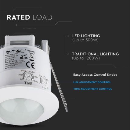Rörelsesensor infälld PIR 360° 300W/230V vit