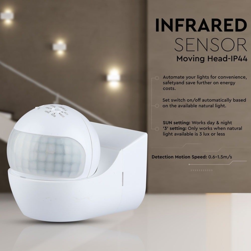 Rörelsesensor PIR 180° 800W/230V IP44 vit