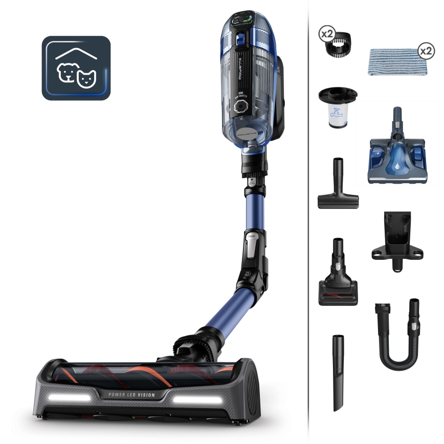 Rowenta - Skaftdammsugare med mopp X-FORCE FLEX ANIMAL AQUA AUTO 3i1 480W/32,4V 2500 mAh blå