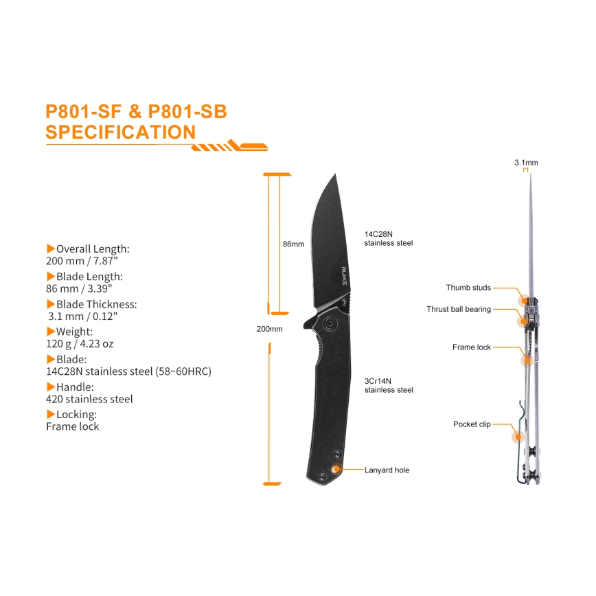 Ruike RUP801SB - Vikbar fickkniv 20 cm grå