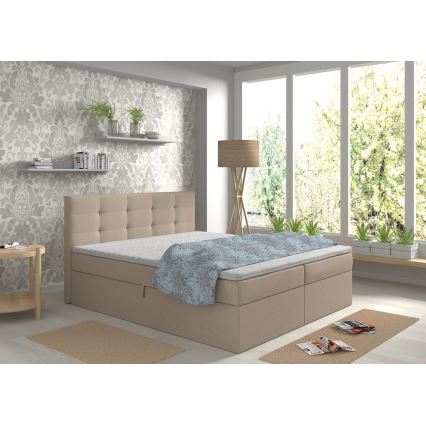 Tygelklädd säng med madrasser och bäddmadrass med förvaringsutrymme EMBER 180x200 cm beige