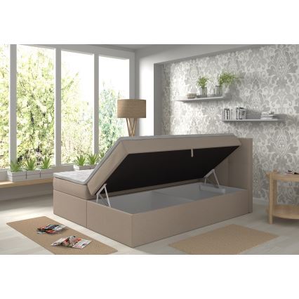 Tygelklädd säng med madrasser och bäddmadrass med förvaringsutrymme EMBER 180x200 cm beige