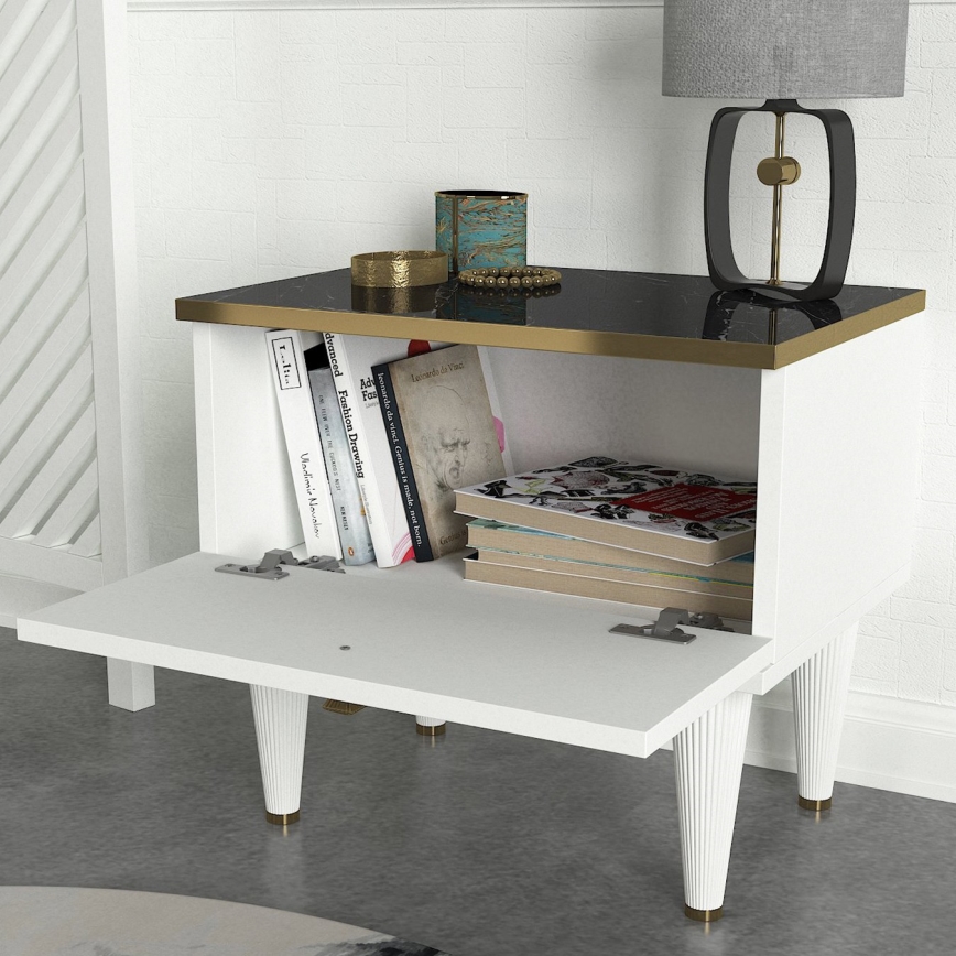Sängbord RAVENNA 47,2x50 cm vit/svart/guld