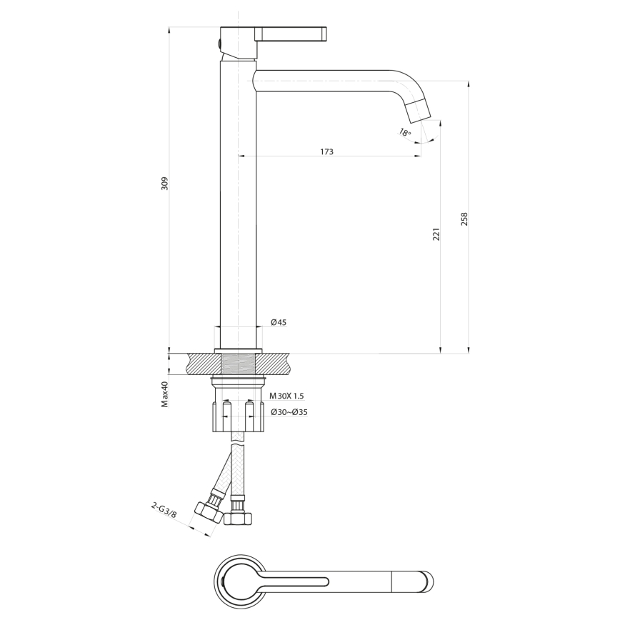 Sapho - Kran till handfat ICONIC 30,9 cm matt svart