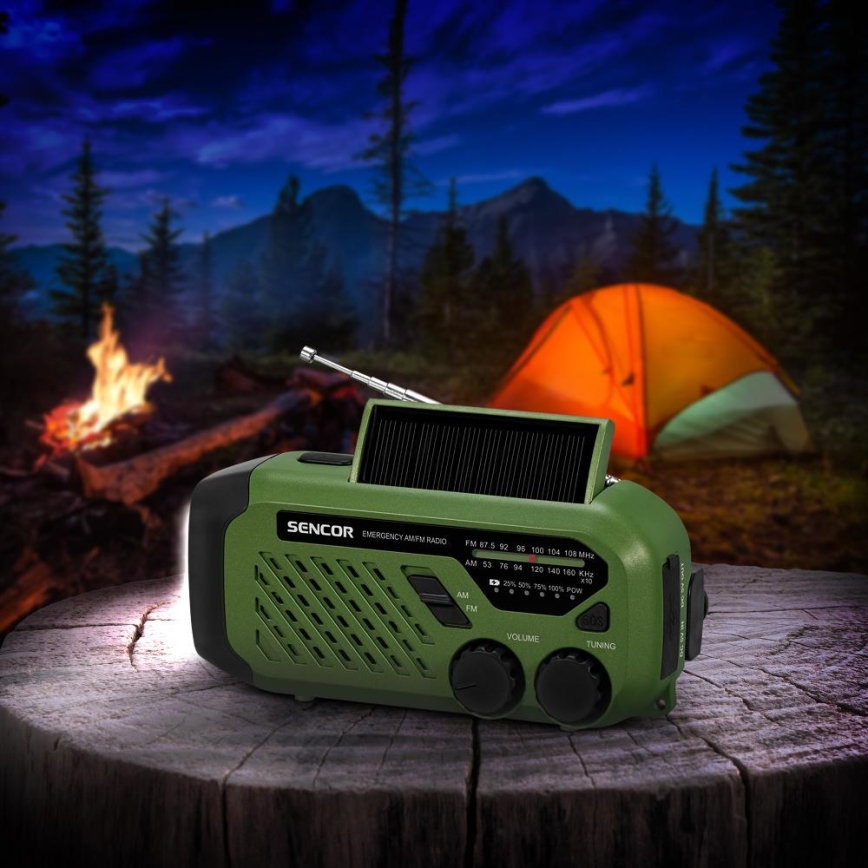 Sencor - Campingradio med solpanel och LED-ficklampa 5V/2000 mAh IPX4 grön
