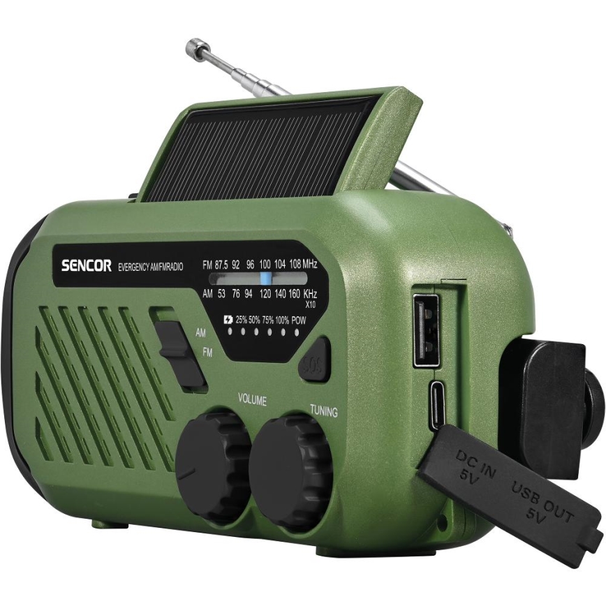 Sencor - Campingradio med solpanel och LED-ficklampa 5V/2000 mAh IPX4 grön