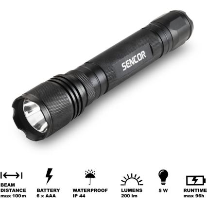 Sencor - LED aluminium ficklampa LED/5W/6xAAA IP44 svart