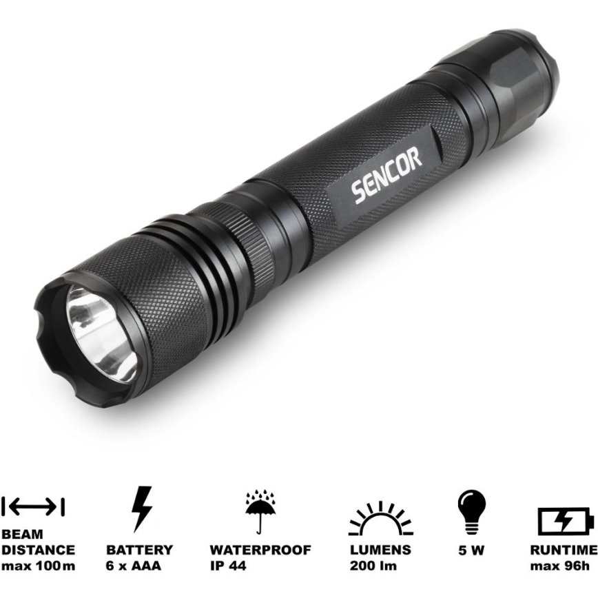 Sencor - LED aluminium ficklampa LED/5W/6xAAA IP44 svart