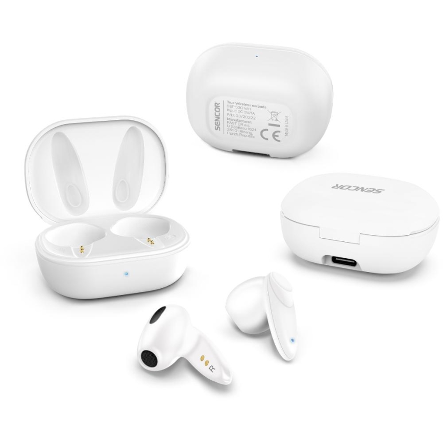 Sencor - Trådlös earphones 230 mAh + 2x 25 mAh IPX4 vit
