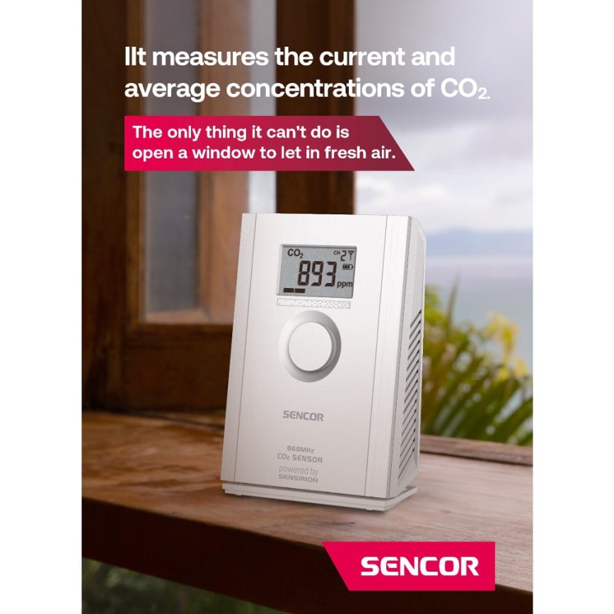 Sencor - Trådlös koldioxidsensor 5V/3xAA 2000 mAh