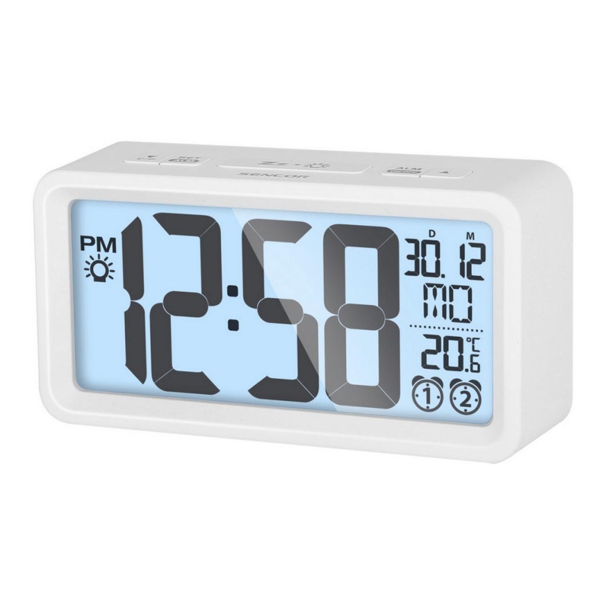 Sencor - Väckarklocka med LCD display och termometer 2xAAA vit