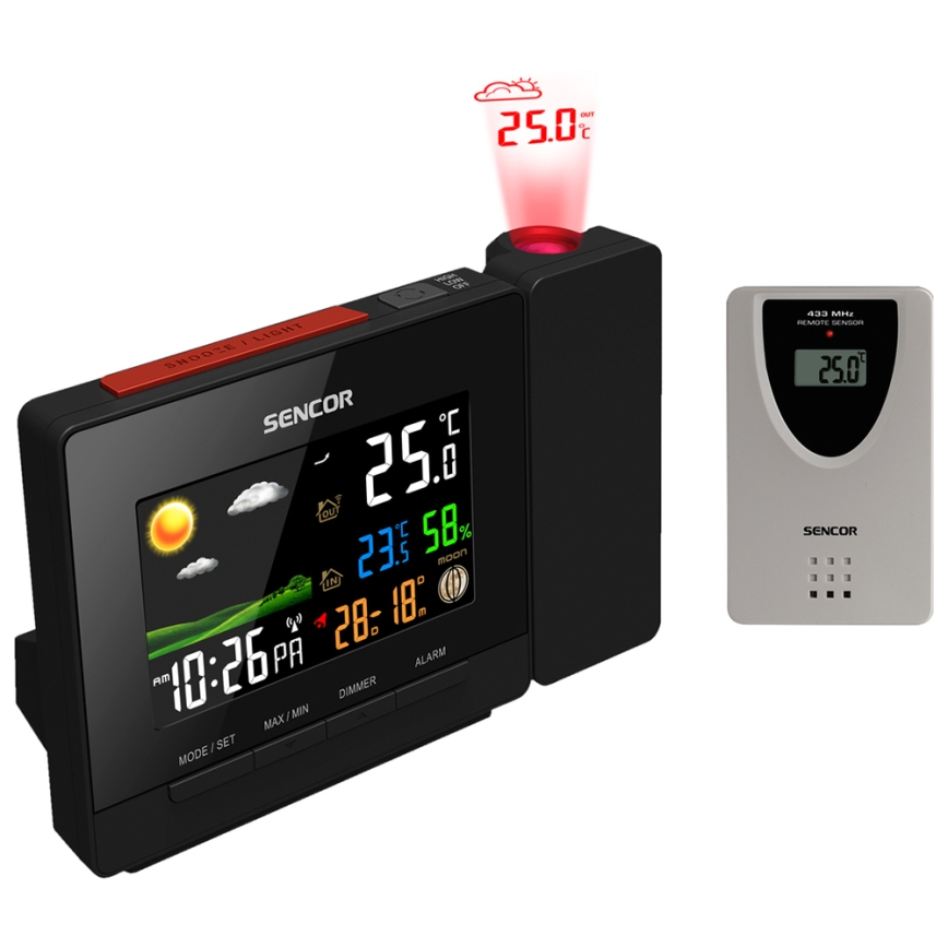 Sencor - Väderstation med färg LCD display, väckarklocka och projektor 2xAA + 2xAAA