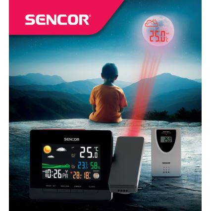 Sencor - Väderstation med LCD-färgskärm, väckarklocka data väggkontakt projektorem 2xAA