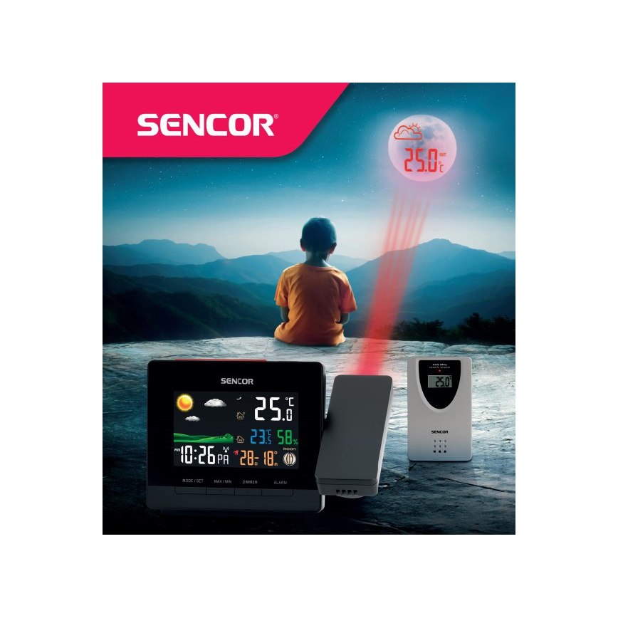 Sencor - Väderstation med LCD-färgskärm, väckarklocka data väggkontakt projektorem 2xAA