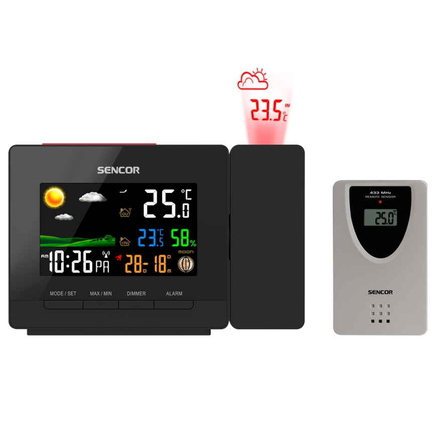 Sencor - Väderstation med LCD-färgskärm, väckarklocka data väggkontakt projektorem 2xAA