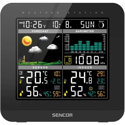 Sencor - Väderstation med LCD-skärm i färg och väckarklocka 3xAAA + 2x AA svart