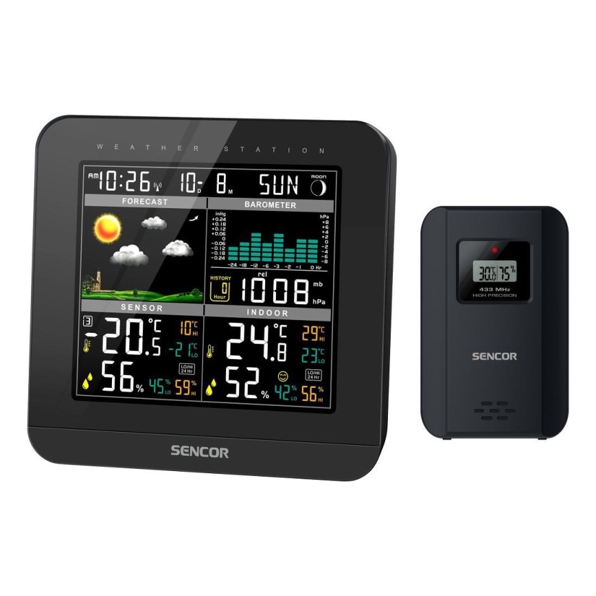 Sencor - Väderstation med LCD-skärm i färg och väckarklocka 3xAAA svart