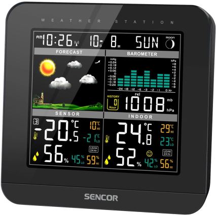 Sencor - Väderstation med LCD-skärm i färg och väckarklocka 3xAAA svart