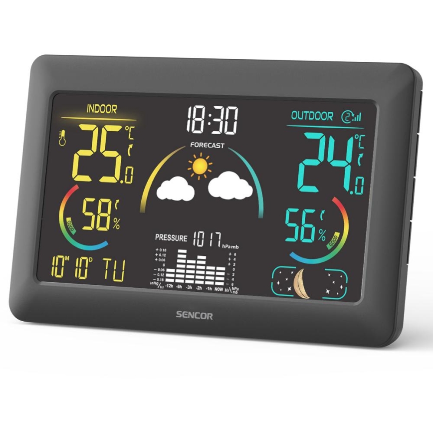 Sencor - Väderstation med LCD-skärm i färg och väckarklocka 5V 3xAA + 2xAA