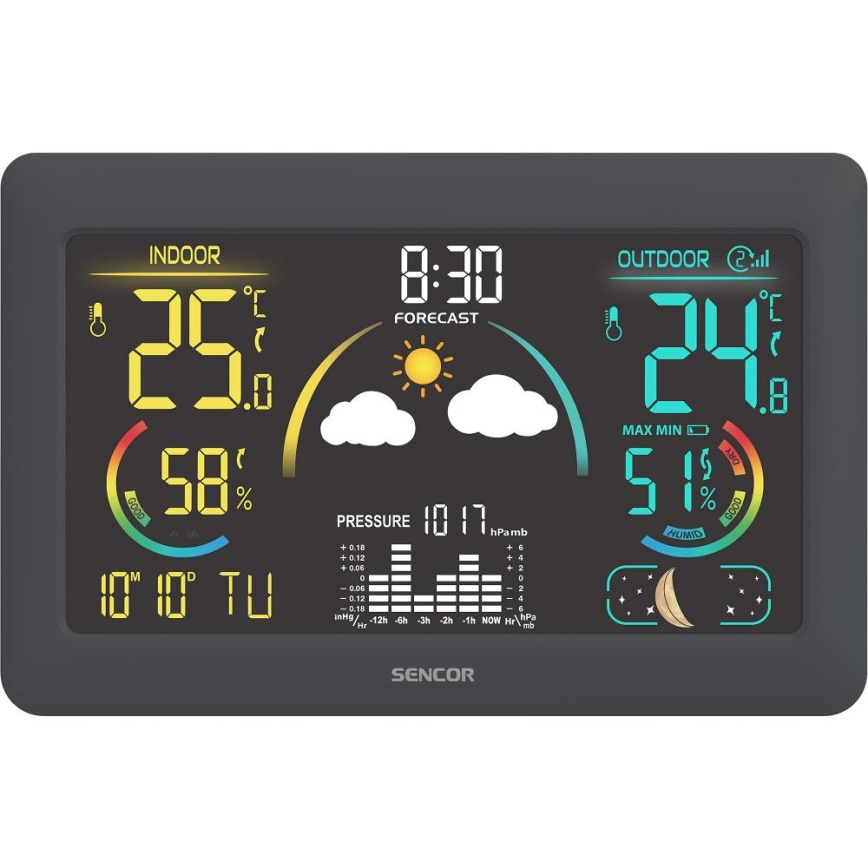 Sencor - Väderstation med LCD-skärm i färg och väckarklocka 5V 3xAA + 2xAA