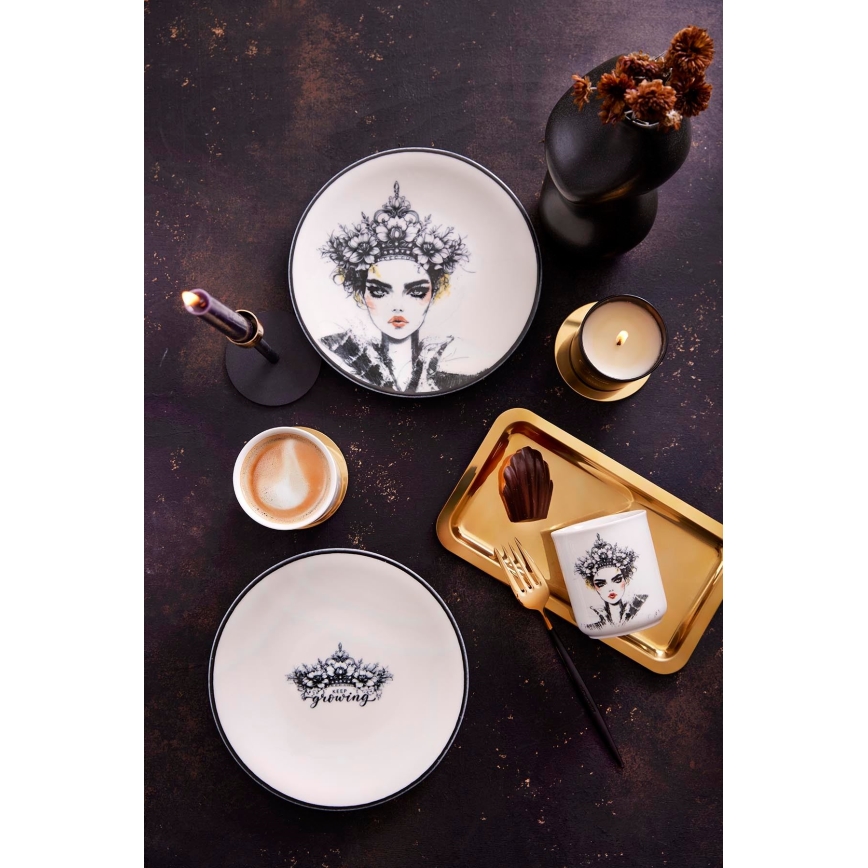 Servisset, 4 delar, svart/vitt porslin