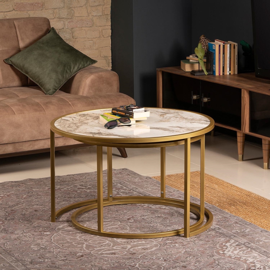 SET 2x Soffbord TAMBUR guld/beige