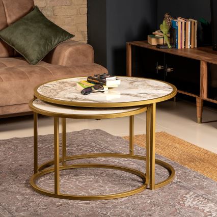 SET 2x Soffbord TAMBUR guld/beige