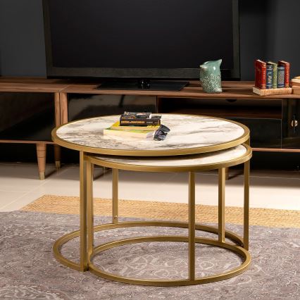 SET 2x Soffbord TAMBUR guld/beige